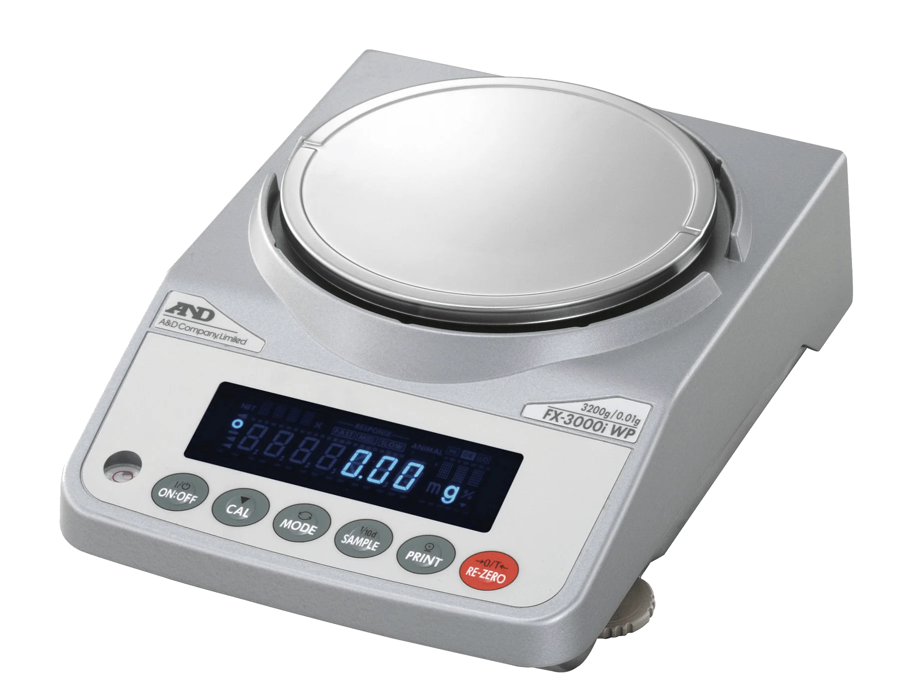 A And D FX-3000i-wp precision balance with digital display. Six raised buttons, from left to right, ON and OFF, Calibrate, Mode, Sample, Print, RE-Zero.